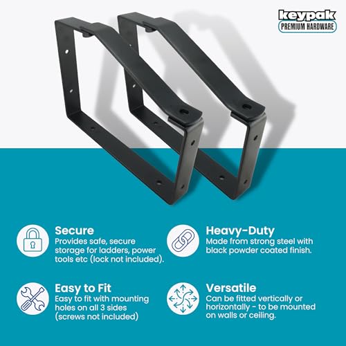 Keypak ST0555B 2 Pack Universal Lockable Wall Ladder Rack Brackets Secure Storage, Black, 170 x 235 x 30 mm