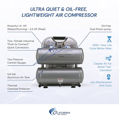 California Air Tools CAT-4610AC Ultra Quiet & Oil-Free 1.0 hp 4.6 gallon Aluminum Twin Tank Electric Portable Air Compressor, Silver