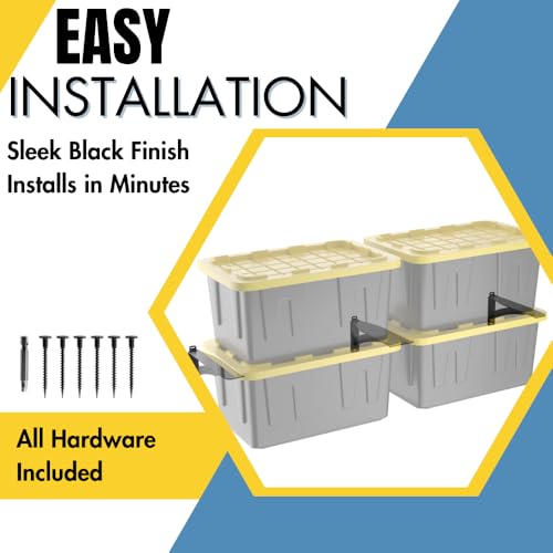 Koova Wall Mounted Tote Rack Storage System, Fits 27-Gallon Black and Yellow Commander Style Bins, Wall Mount Bracket Shelves for Garage Organization, Heavy Duty Steel, Made in USA (3-Piece Set)