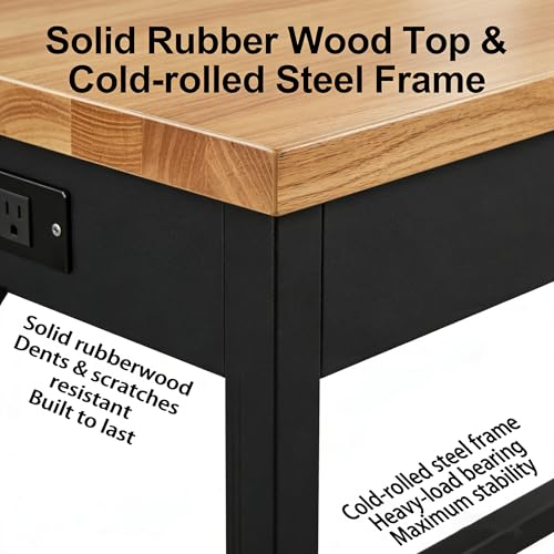 48/60/70 Inch Adjustable Workbench with Power Outlet Heavy Duty 2500 LBS Load Capacity Hardwood Work Table for Garage 6 Level Height Adjustable Workshop Bench (48"x24")