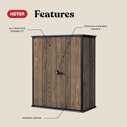 Signature Collection Vertical Outdoor Storage Shed, Weather-Resistant Resin Storage Cabinet with Double Doors & Heavy-Duty Floor, Walnut