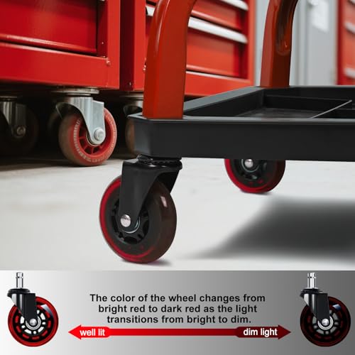 FreekyFit Rolling Stool with Red Wheels, Heavy Duty Garage Work Mechanic Rolling Shop Stool with Backrest, Adjustable Height 360°Swivel Roller Mechanic Chair with 2 Tool Trays, 330 LBS Capacity