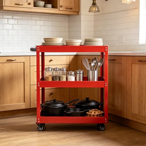 DEGEDUN 3-Tier Utility Cart, 330 Lbs Load Capacity, Heavy Duty Rolling Tool Cart with Wheels, Red Steel Service Cart for Workshop and Garage Storage
