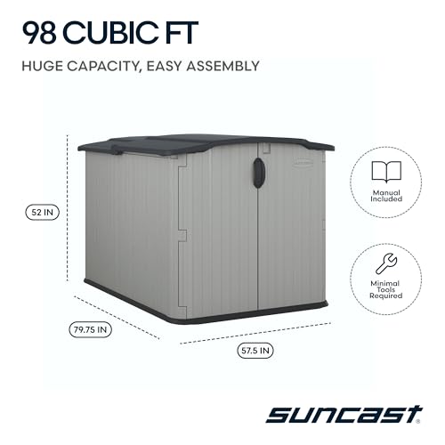 Suncast 138 Cu Ft Horizontal Outdoor Storage Shed, 57.5"x79.75"x52" Glidetop Outdoor Shed with Sliding Lid, Resin Storage Sheds with Floor for Bikes, Motorcycles, & Lawn Mower, Made in the USA