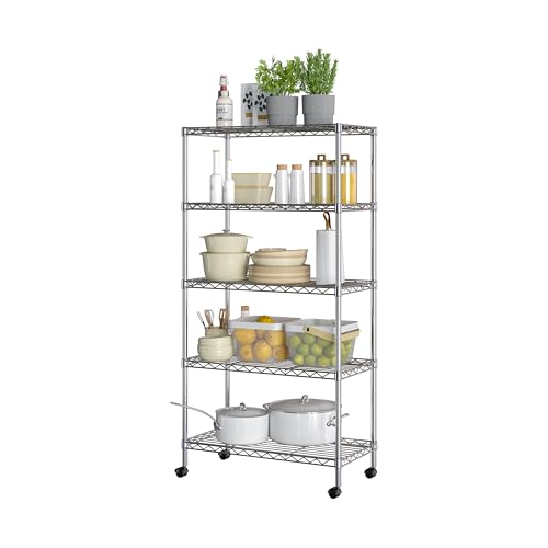 Seville Classics 5-Tier Wire Shelving with Wheels, 5-Tier, 30"" W x 14"" D (NEW MODEL), Chrome Plating, Plated Steel