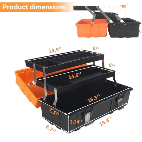 WEWLINE 16.5-Inch Tool Box Organizer 3-Layer Multiplication Plastic Storage Toolbox with Portable Handle Perfect for Home Office Car Trunk Fishing