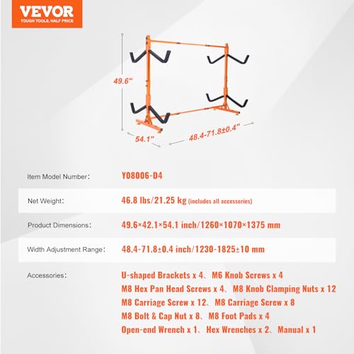 VEVOR Freestanding Kayak Storage Rack, Kayak Stand for 4 Kayak Canoe Paddleboard, Heavy-duty Steel Kayak Hanger Holder with Padded Arms and Adjustable Width, 220LBS Max Load, for Indoor Outdoor Garage