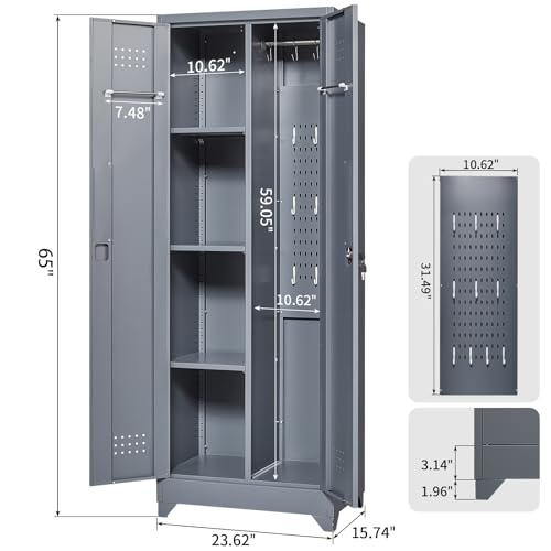 FLEXIMOUNTS 65'' Tall Metal Storage Cabinet with Locking Door, Large Cleaning Tool Organizer for Brooms, Garage, Laundry Room, Bathroom, Dark Grey