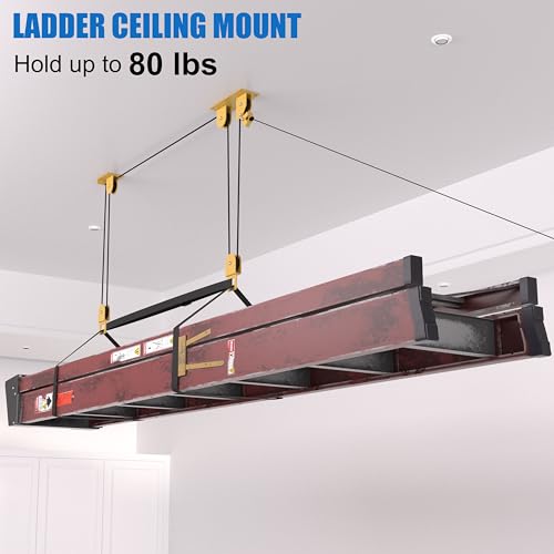 TRUSOON Ladder Storage Pulley Hoist, Self Locking Function Ladder Hanger, Garage Ceiling Mount Lift System for Lightweight Kayak, Bike, Surfboard, Hold 100 lbs, Fit 10-18 Foot Ceilings