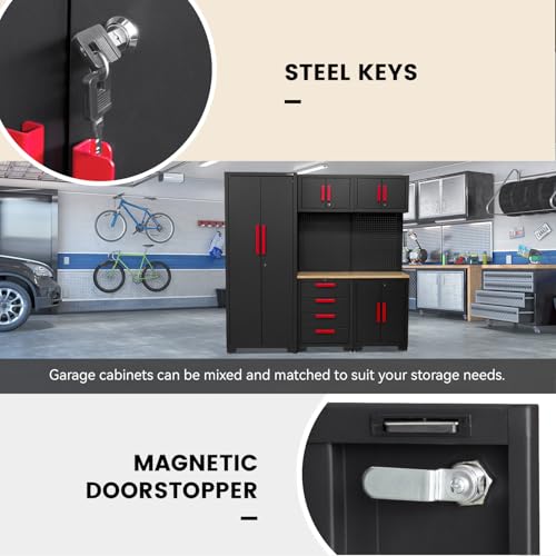 HPDMC Garage Storage Cabinet System - 2 * 6-Pcs Workshop Set with Steel Cabinet Drawers, Tool Chest, Workbench, Pegboard for Tool Organization