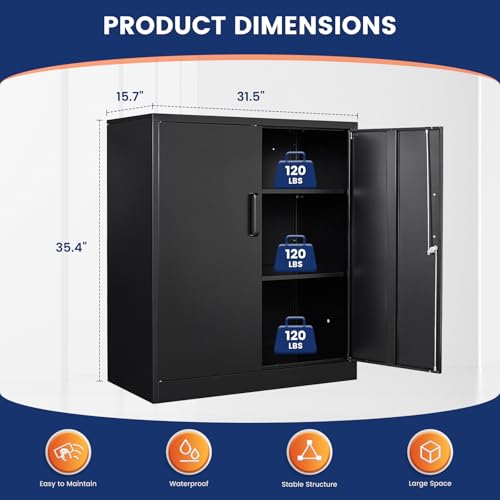 Yizosh Metal Garage Storage Cabinet with 2 Doors and 2 Adjustable Shelves - 35.5" Steel Lockable File Counter Cabinet for Home Office,Garage,Gym,School（Black）