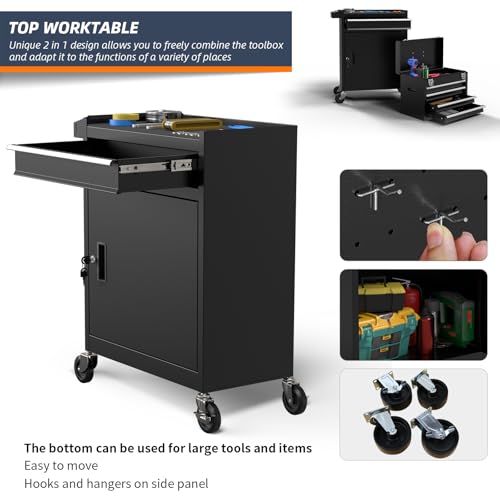 Granper 5-Drawer High Capacity Rolling Tool Box, Removable Cabinet Storage Tool Chest with Wheels and Drawers, Detachable Toolbox with Lock for Mechanics Garage Workshop and Tool Room (Black)