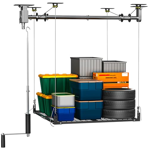 Soywey Garage Ceiling Storage Racks,4x4 FT Garage Storage Lift with Secure Lock,Heavyweight Overhead Rack for Easy Up Down,Industrial Elevator System Holds 400 Lbs