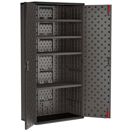 Suncast Commercial 4 Shelf Mega Tall Storage Cabinet, Lockable Garage Utility Shelving Unit, Heavy Duty Plastic Resin Organizer, Gray