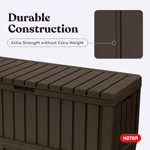 Keter Kentwood 92 Gallon Resin Deck Box-Organization and Storage for Patio Furniture Outdoor Cushions, Throw Pillows, Garden Tools and Pool Floats, Brown