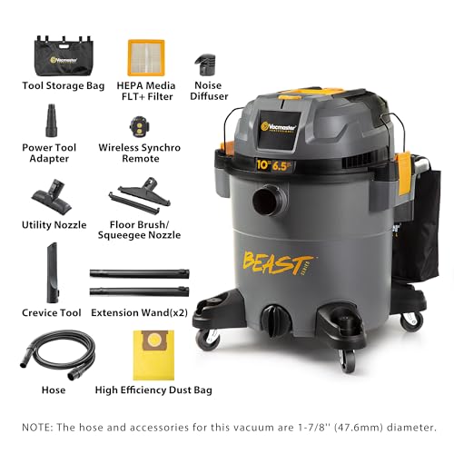 Vacmaster Professional Beast Series FLT+10-Gallon 6.5 Peak HP Wet/Dry Shop Vacuum with HEPA Media Filter, Manual Filter Cleaning System, Power Tool Sync Technology- VJN1012PF 0201
