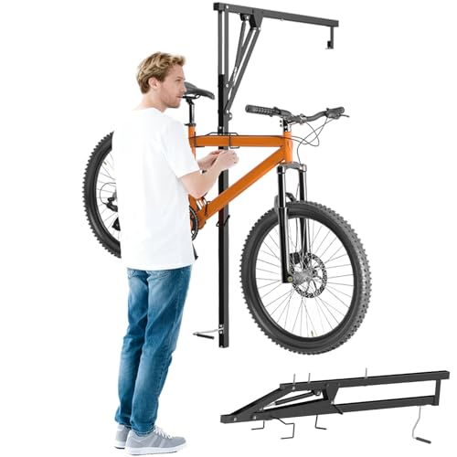 Vanesa Hydraulic Bike Ceiling Mount for Garage - Heavy Duty Pull Down Bike Hanger, Folding Overhead Bike Storage Hoist Holds Up to 66 lbs, Space Saving Bicycle Mount for Garage/Indoor