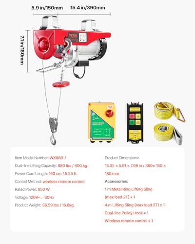 VEVOR 880lbs Electric Hoist with Wireless Remote Control, 110v Electric Hoist with Remote Control, 40ft/20ft Lifting Height Motor, for Garage Warehouse Factory