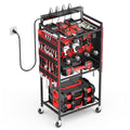 JUNNUJ Garage Large Power Tool Organizer Cart with 8 Outlet 3 USB Charging Station, Floor Rolling Drill and Tools Battery Storage Cart on Wheels, Heavy Duty Utility Rack Shelf with Power Strip