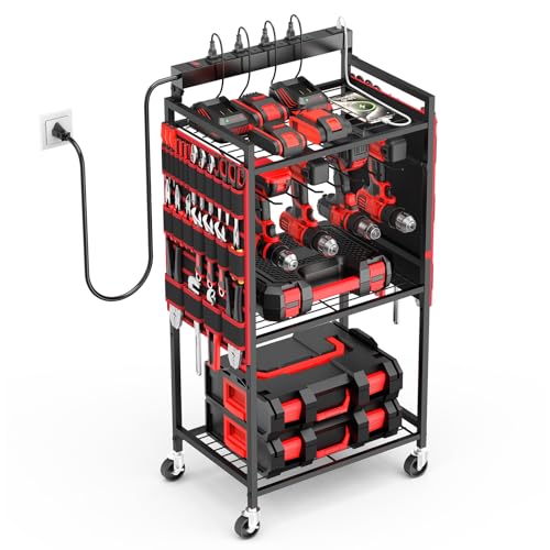JUNNUJ Garage Large Power Tool Organizer Cart with 8 Outlet 3 USB Charging Station, Floor Rolling Drill and Tools Battery Storage Cart on Wheels, Heavy Duty Utility Rack Shelf with Power Strip