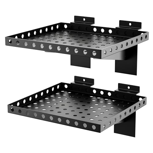 BOBIBAN 2 Pack Slatwall Shelves, Heavy Duty Metal Slat Wall Shelf for Retail, Garage, Home Storage, 20 lbs Load Capacity, Universal Slatwall Accessories(10 x 12 Inch-2, Black)