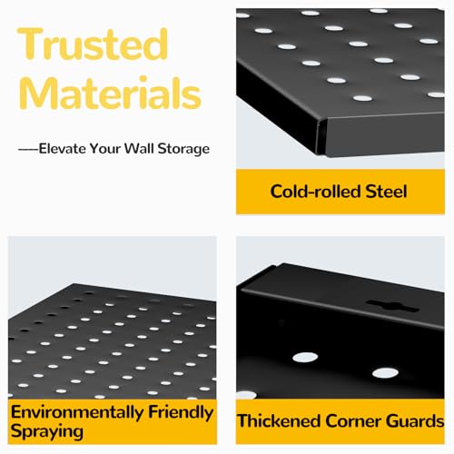 GEDELITE 4-Pack Heavy-Duty Metal Pegboard Organizer Kit - 16"x12" Black Steel Wall Control Panels with 8 Hooks for Garage Tools, Craft Rooms, and Home Office Storage