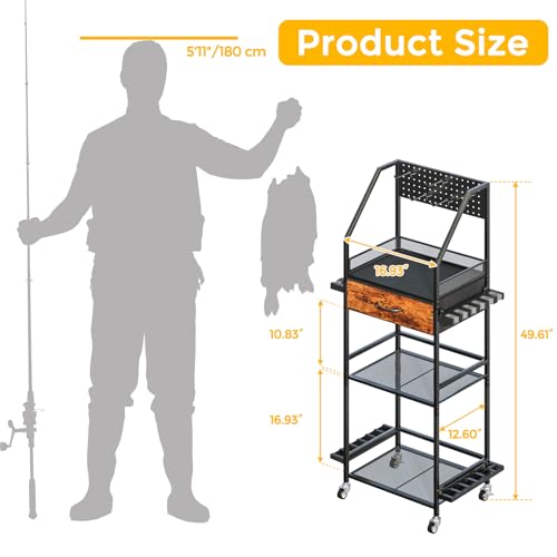 JIRTEMOT Fishing Rod Holder Organizer with Fabric Drawer & Pegboard, Space-Saving Garage Storage for 12 Rods, Reels, Tackle Boxes, Portable Fishing Gear Cart for Easy Access & Mobility