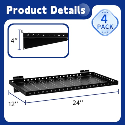 LYYUWE Heavy Duty Slatwall Shelf 24x12Inch, Steel Slatwall Accessories Storage Rack for Garage, Retail, Workshop (4, 24x12Inch)