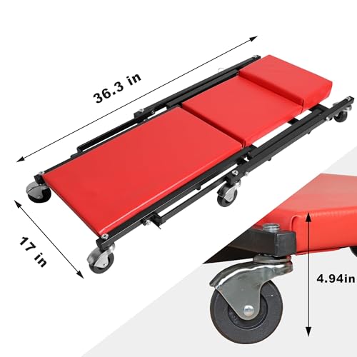 BIG RED ATR6505R-2 Torin Z-Creeper Seat: 36" Foldable Creeper, 2-in-1 Garage Shop Creeper for Auto Repair with 6pc Wheels, 300 lbs Capacity - Red