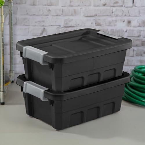 Sterilite 6-Pack Stacker Tote, Stackable Plastic Storage Bins with Lids, 4 Gallon, Black - Small Organizer Bin Containers for Bed, Garage, Office, Kitchen, and Classroom Organization