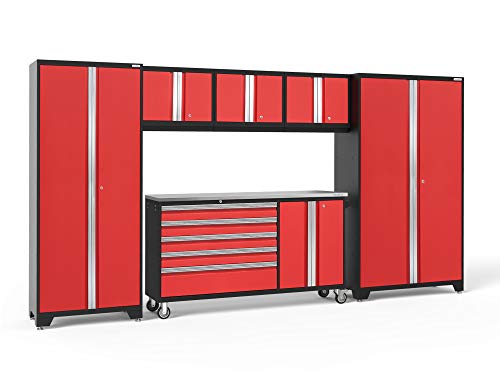 ‎‎‎‎‎NewAge Products Garage Cabinets Bold Series 6 PC Set Red (1x 62 Stainless Steel Worktop, 1x 62 Project Center, 3X 24 Wall Cabinets, 1x 30 Multi-Use Locker, 1x 42 Extra-Wide Locker) 56262