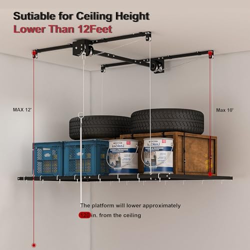 S.Walt Hanging Garage Ceiling Storage Racks, Adjustable Overhead Garage Storage Lift, Mounted 44 ft Heavy-Duty Steel Platform for High Ceilings 1012 ft, Supports 250 lbs for Everyday Use
