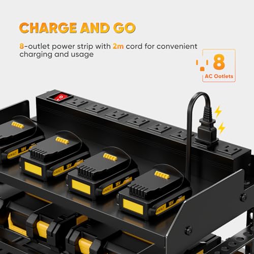 POKIPO Power Tool Organizer Wall Mount with Charging Station,Tool Storage Rack with 8 Outlet Power Strip,Heavy Duty Metal Battery Utility Rack with 4 Cordless Drill Holder 6.56 Ft Cord for Garage