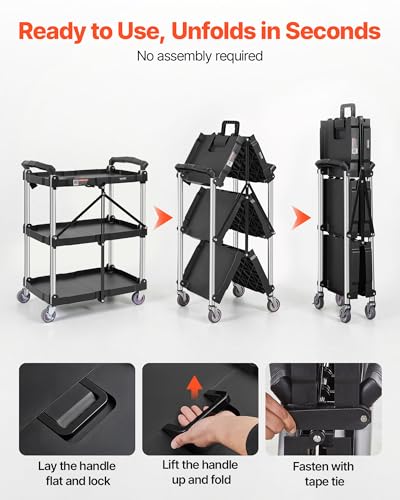 VEVOR Foldable Utility Service Cart, 165LBS 3 Shelf Heavy Duty Plastic Rolling Cart with 360° Swivel Wheels (2 with Brakes), Ergonomic Handle, Portable Garage Tool Cart for Warehouse Office Home