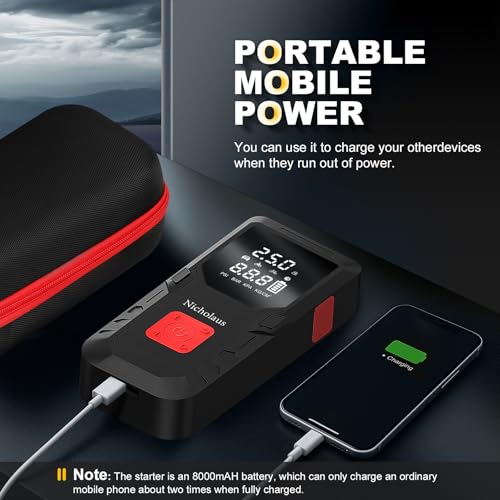 Nicholaus 12 V Car 8000 mAh Battery Jump Starter 2800A with 150psI Air Compressor, Compact and Practical Edition QB08L Safe Smart, Portable Jump Box and Charger for 6.0L Gas and 3.0L Diesel Engines.