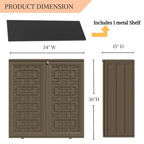 ZZM HDPE Outdoor Storage Shed, Outdoor Plastic Storage Cabinet, Horizontal Resin Tool Shed for Garden, All Weather Outdoor Storage Clearance, DIY Usage, with one Shelf (Coffee)