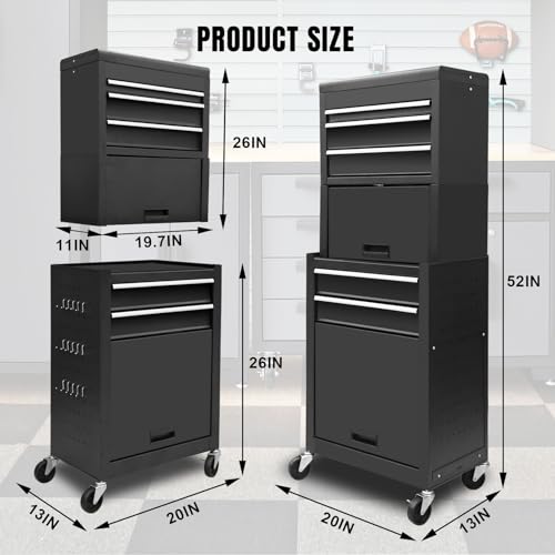Torin ATB225XBB Rolling Tool Chest for Home & Garage Workshop: 3-in-1 Tool Box Organizer with Lockable Wheels, Sliding Drawers and Detachable Top, Black
