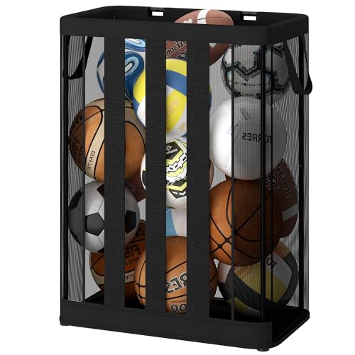 STO STO Ball Storage Basket, Wall-Mounted or Freestanding Garage Ball Organizer Holder, Holds up to 15 Balls, Sports Equipment Organizer with Elastic Front Access for Garage, Gym, Playroom, Black