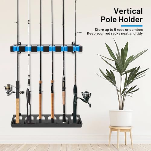 Omoojee Fishing Rod Holder Wall Mount, Fishing Pole Holders for Garage, 6-Rod Storage Racks, Fits Most Rod Diameters(Vertical Blue)