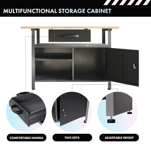 JZD Metal Workshop Durable Cabinet Combo Set, Wooden Top Workbench Set Garage Storage Organizer System