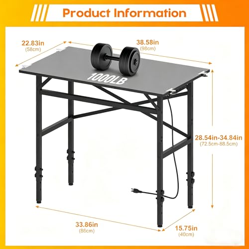 Small Workbench, 1000 Lbs Metal Work Benches for Garage, 38.58" Adjustable Work Table with Power Strip Sewing Table Workshop Home DIY