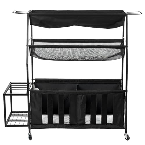 MyGift Garage Sports Equipment Organizer, 3 Tier Metal Ball Storage Bin with Wheels and Mesh Fabric Shelf Baskets, Rolling Gym Equipment Yoga Mat Storage Stand with Ball Toy Bins and 6 Hooks