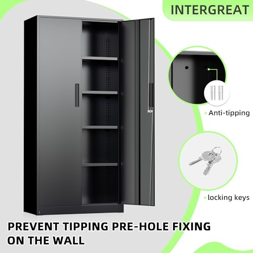 INTERGREAT Black Metal Storage Cabinet, 72" Locking Steel Cabinets with 2 Door and 4 Adjustable Shelves, Tall Metal Cabinet for Home Office, Garage, Warehouse