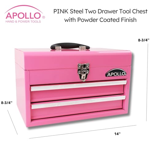 Apollo Tools 14 Inch Steel Tool Box with Deep Top Compartment and 2 Drawers in Heavy-Duty Steel With Ball Bearing Opening and Powder Coated Finish - Pink Ribbon - Pink - DT5010P
