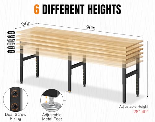 MUWOOD 96”Adjustable Work Bench, 5000 LBS Capacity Heavy Duty Workbench with Power Outlet & Pegboard, Rubber Wood Work Table for Garage, Workshop, Office, Home