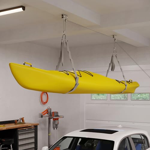 RAD Sportz Kayak Storage Hoist - Overhead Pulley System with 125lb Capacity for Canoes, Bikes, Ladders, and More for Ceilings up to 12ft (Gray)
