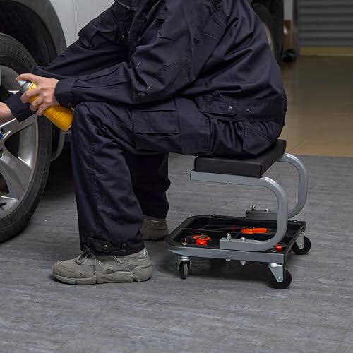 VEVOR Rolling Creeper Garage/Shop Seat, 250 LBS Capacity Padded Rolling Workshop Stool with Tool Tray Storage, Mechanic Stool for Garage, Shop, Auto Repair, Black