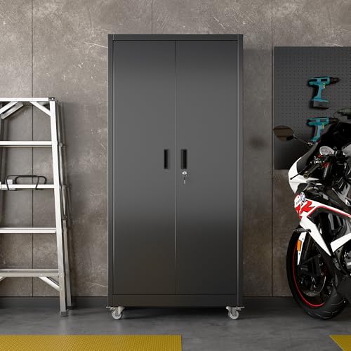 Aobabo Upgraded Garage Storage Cabinets with Wheels,Metal Storage Cabinets with 5 Adjustable Shelves for Garage Home Office Storage, Black,71''H*34''W*18''D,Assembly Required