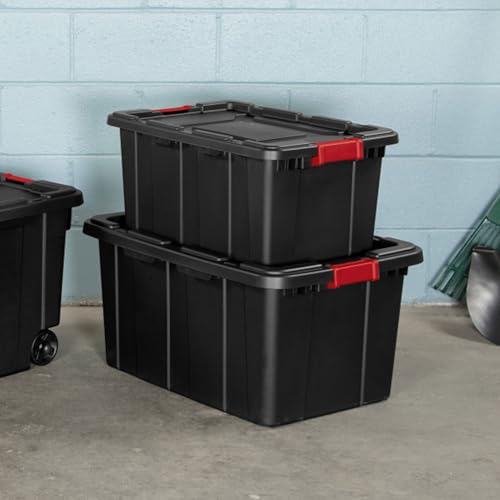 Sterilite 12-Pack Industrial Tote, Plastic Storage Bins with Lids, 27 Gallon, Black - Heavy-Duty Organizing Containers for Closet, Bathroom, and Office