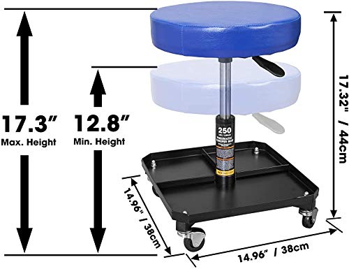 TCE ATR6350U Torin Rolling Pneumatic Creeper Garage/Shop Seat: Padded Adjustable Mechanic Stool with Tool Tray Storage, Blue
